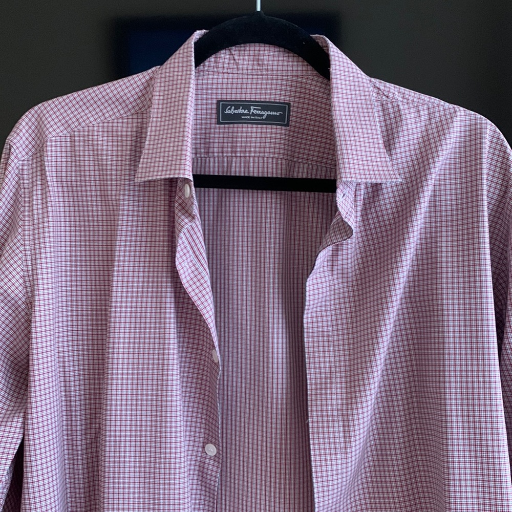 MENS SIZE LARGE SALVATORE FERRAGAMO COTTON DRESS SHIRT RED PLAID